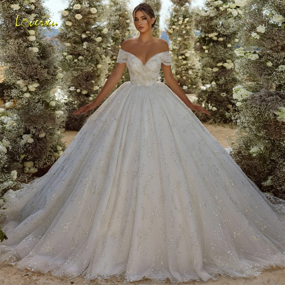 

Loverxu Ball Gown Exquisite Wedding Dresses 2024 Sweetheart Off The Shoulder Vestido De Novia Lace Sequined Shiny Robe De Mariee