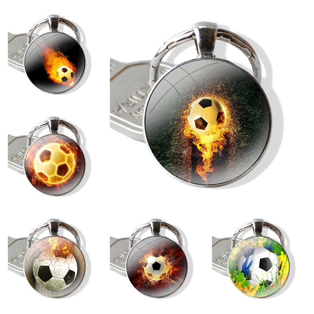 Fire Football Soccer ball Keychain Glass Cabochon Metal Pendant Classic Men's Women's Keyring