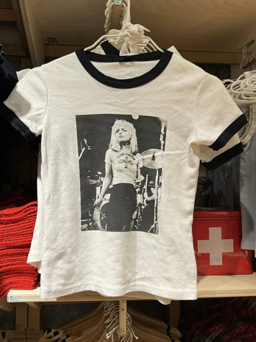 

Rock Girl Print Cotton Short Sleeve Tees Women New O-neck Patchwork Slim Casual Simple Tops Streetwear Vintage Chic T-shirts Y2K