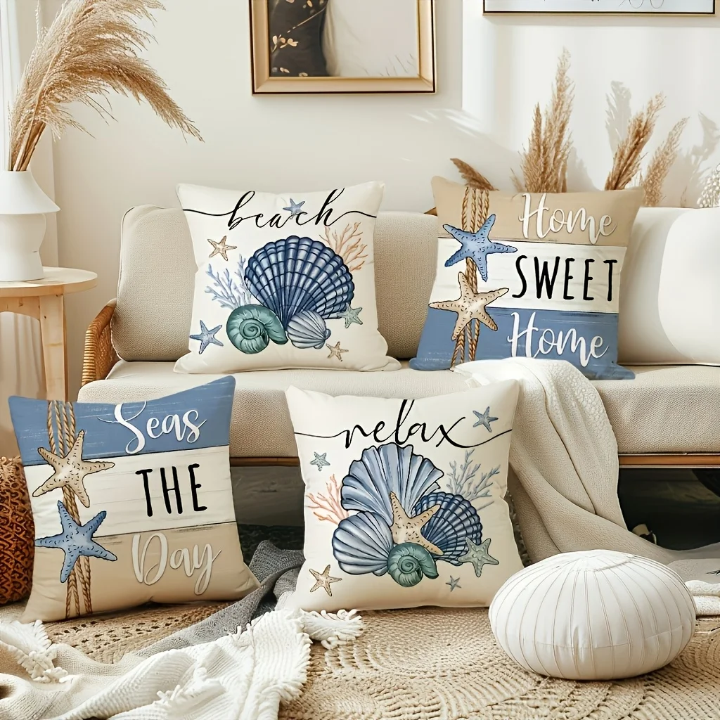 4 Pack Beach Theme Pillowcases 45x45cm Seashell Starfish Rope Quotes Cushion Covers Relax Home Sweet Home Decor