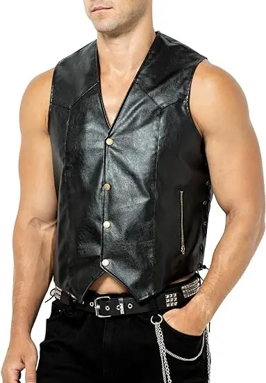 Arjen Kroos men\'s faux leather vest with hidden pockets adjustable LACES motorcycle rider vest