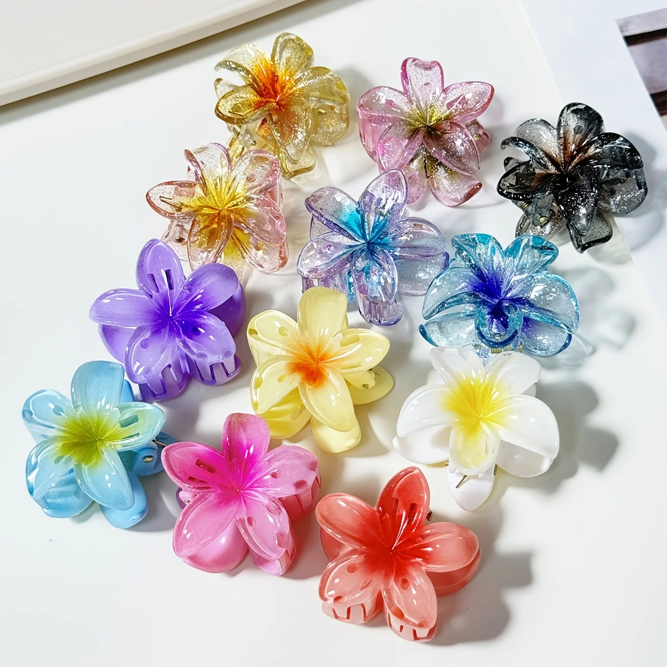 

12-piece Colorful Flower Hair Clips for Women - Tropical Style, Small Gradient Hairpins, Beach Accessories, Frangipani Clips