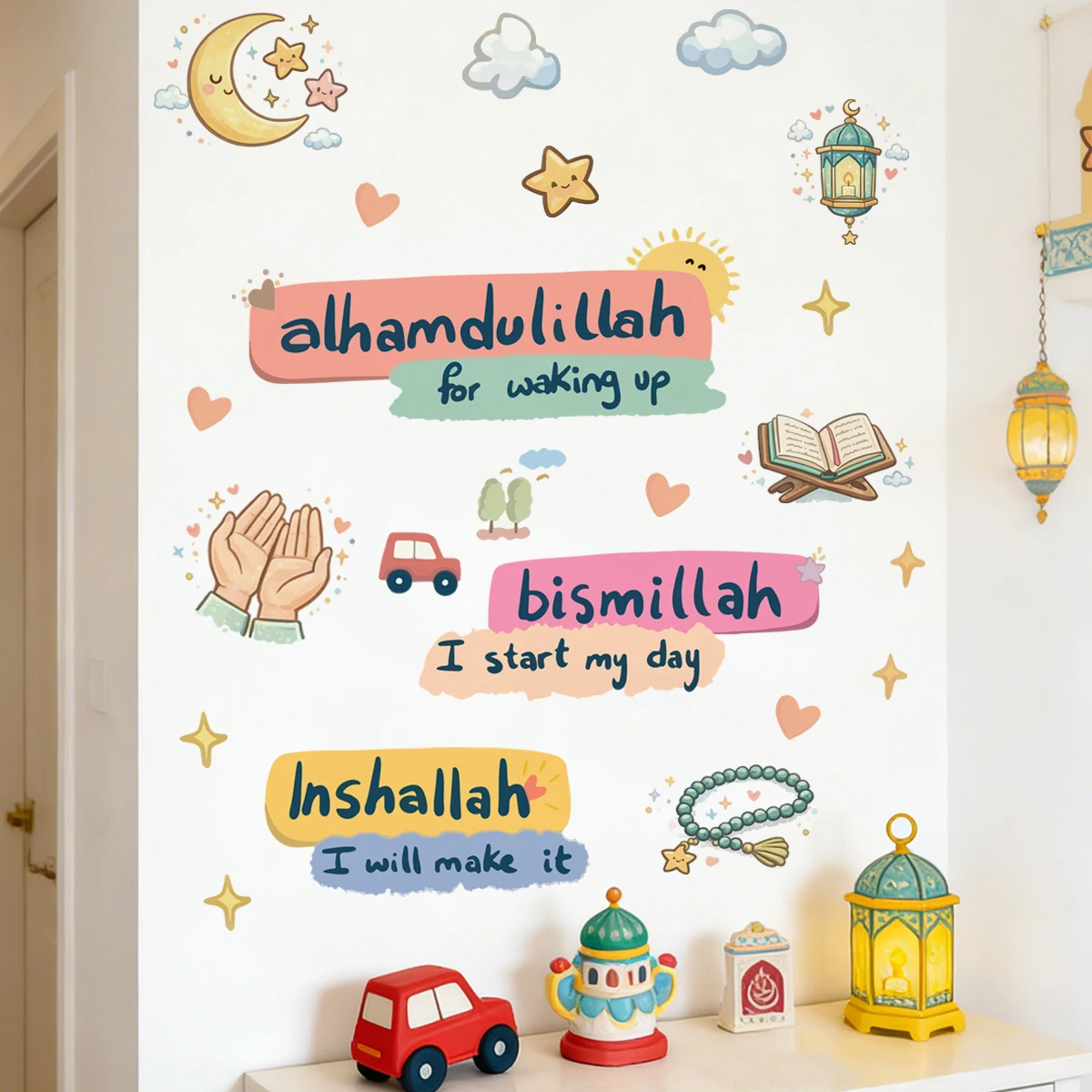 Islamic Cartoon Daily Phrases Wall Sticker Moon Stars Decal Religious Motivational Home Art Muslim Living Room Bedroom Decor