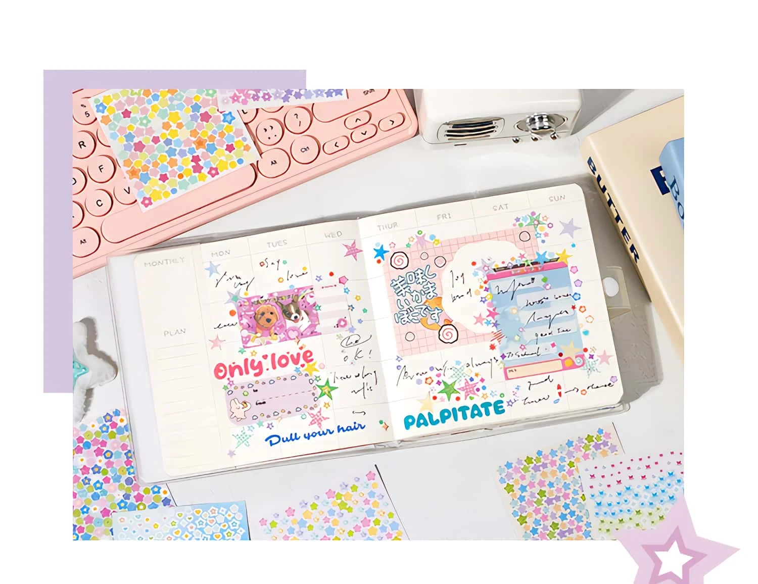 Starstorm 24 Blatt holografisches und mattes Mini-Stickerbuch, 8 x 8 cm, ästhetisches Journaling-Zubehör, Planer, Scrapbooking, Deko-Aufkleber – Detail 11