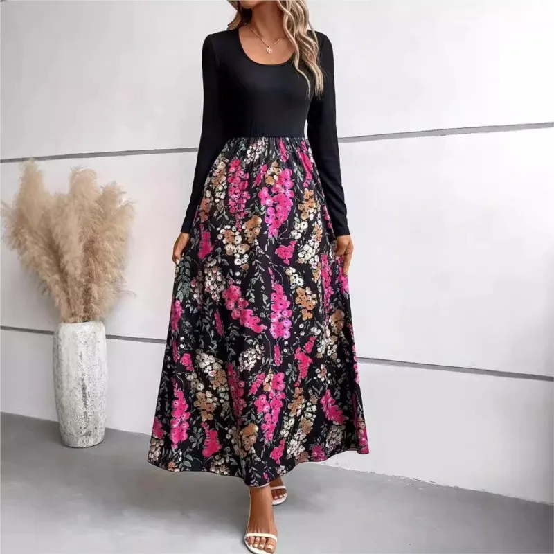 Moda Vintage Floral Dress Women Sundress 2024 Autumn Casual Long Sleeve Maxi Long Vestidos Female A Line Patchwork Robe Dress