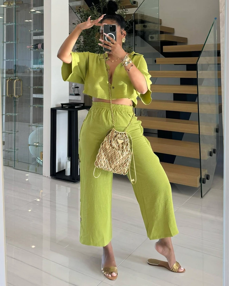 Casual Summer 2024 Women New Style Clothes High Waist Wide Leg Pants 2 Two Piece Outfits Button Down Ankle Loose Lounge Pant Set