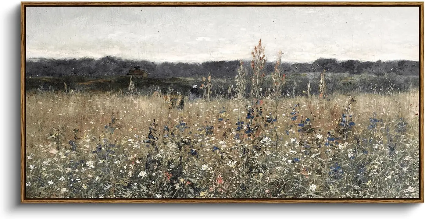 

Extra Large Framed Vintage Wall Art, Farmhouse Decor, Flower Meadow Landscape Painting Canvas Print for Living Room Bedroom
