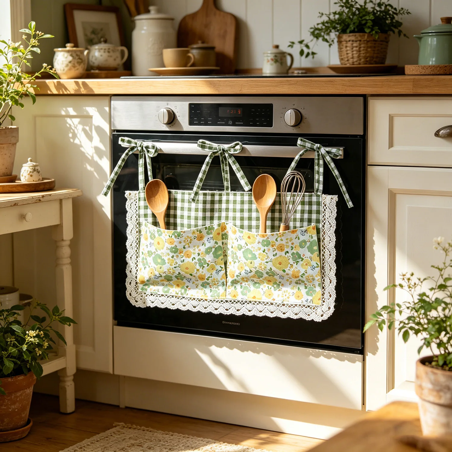 Pink or Green Floral Oven Door Curtain with Storage Pockets, Tie-up Cafe Curtain for Kitchen and Bedroom Storage