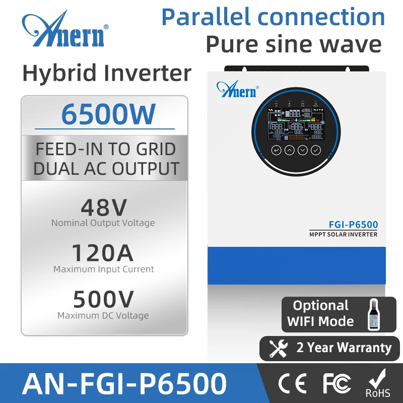 Anern 6500W Hybrid Solar Inverter 120A 48V Solar Battery Charge MPPT Parallel Inverter Dual AC Output Pure Sine Wave MAX PV 500V