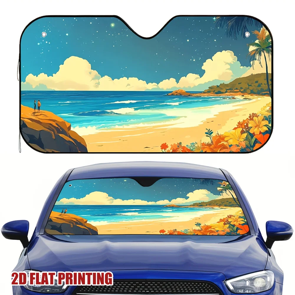 Visera para coche de playa Tropical iluminada por estrellas, sombrilla ajustable con escena de playa Tropical (árboles de palma, olas del océano, puesta de sol), 1 ud.