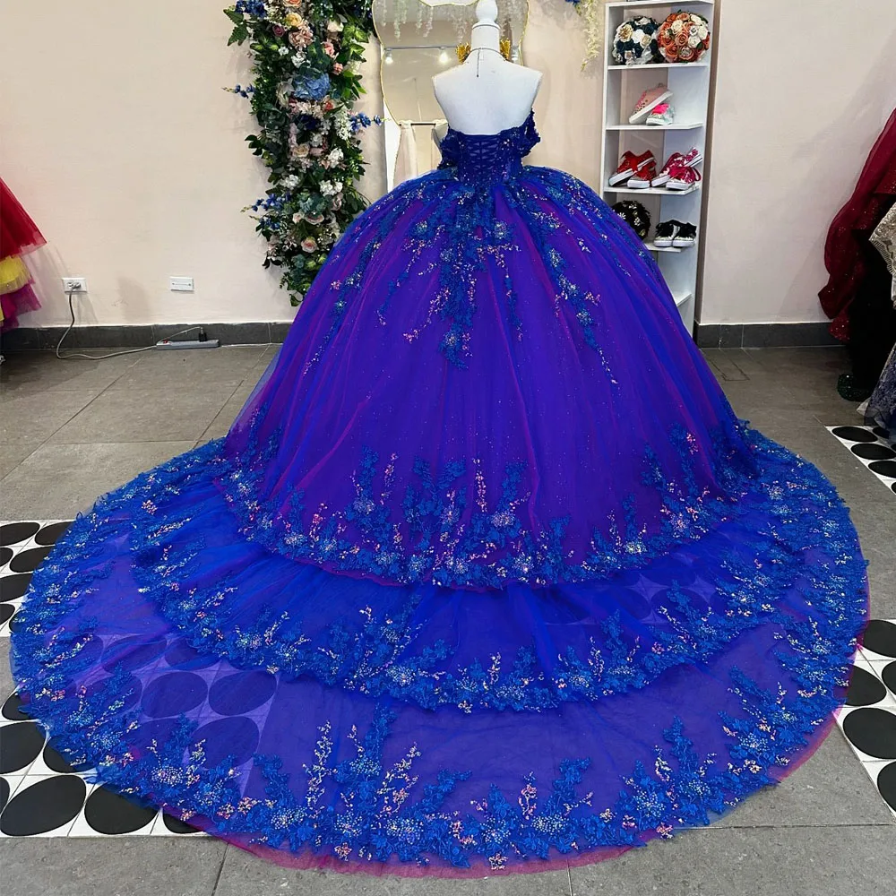 Royal Blue Charro Quinceanera Dresses Ball Gown Off The Shoulder Tulle Flowers Puffy Mexican Sweet 16 Dresses 15 Anos