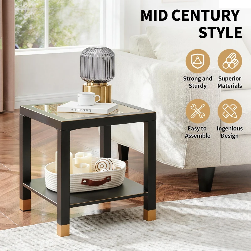 Square Side Table with Shelf, Boho Style Side Table for Living Room, Tempered Glass End Table with Metal Frame, Nightstand fo view 2