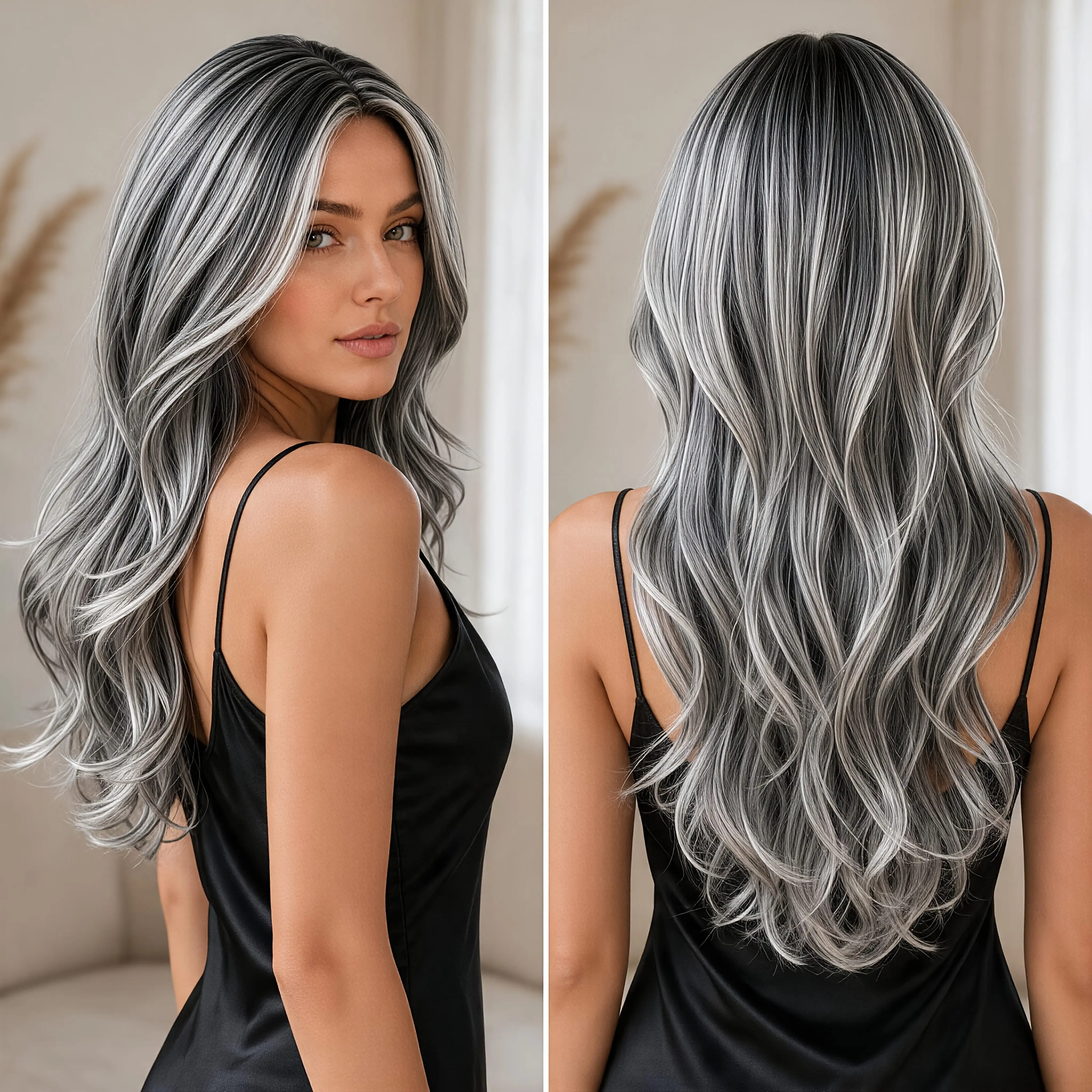 レディース用、高級感のあるグレーのハイライトが入った、長めのウェーブヘアのフルウィッグ。長さは236インチ。中程度の耐熱性を持つ合成繊維を使用。