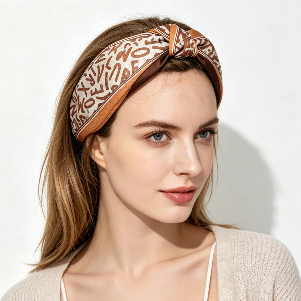 Wide Fabric Knotted Headbands For Women Girls Letter Print Hairbands Satin Hair Hoop Fashion Female Vintage Hair Accessories