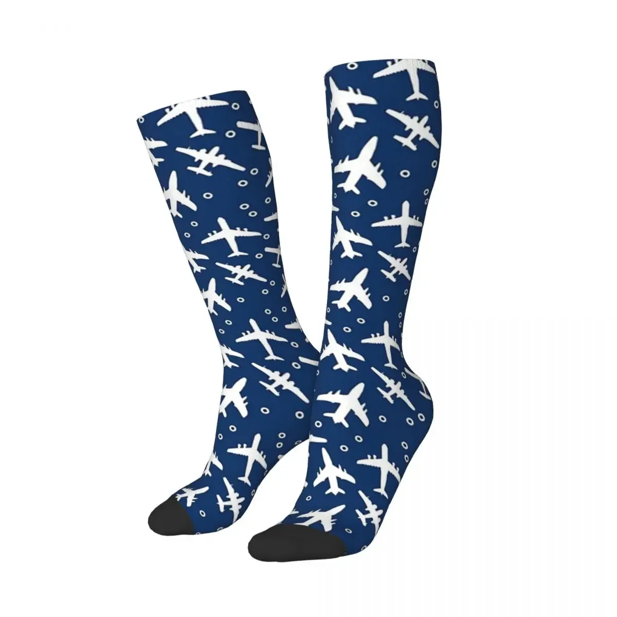 Chaussettes à motif de Silhouette d'avion bleu et blanc, bas doux Harajuku, chaussettes longues toutes saisons pour cadeau d'anniversaire unisexe