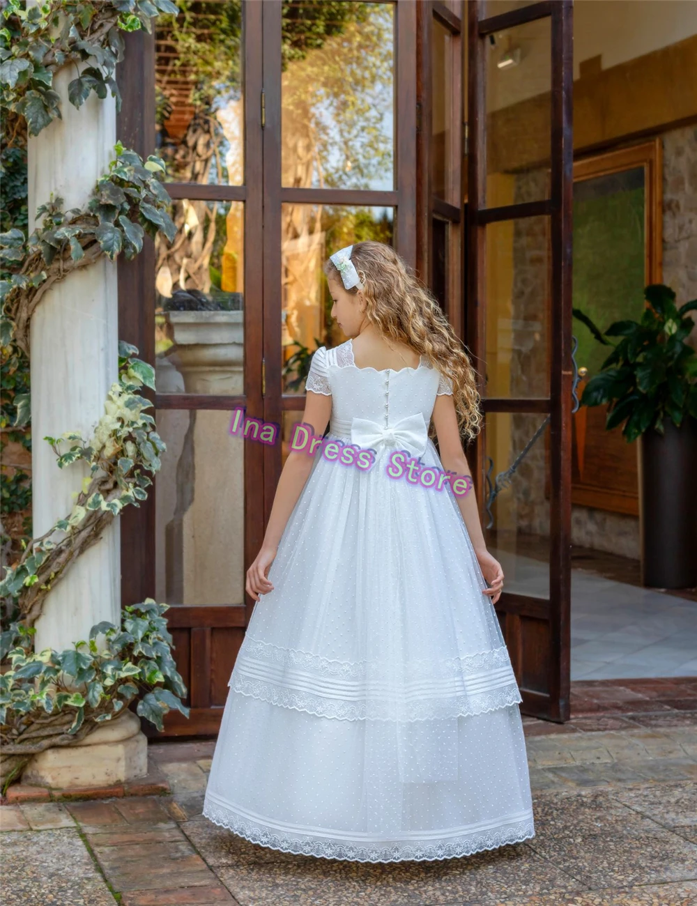 Elegant A-line First Communion Gowns Wedding Dresses Customised White Flower Girls Dress Bow Tulle Kids Birthday Party Gown