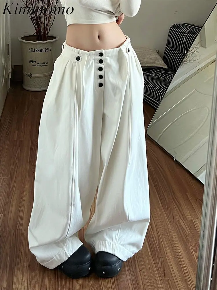 

Женские брюки Kimutomo, свободные широкие брюки с высокой талией, модные свободные брюки на пуговицах Y2k Harajuku, длинные брюки, женская повседневная уличная одежда, джоггеры