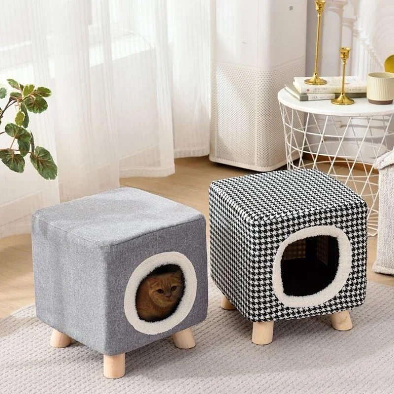 Cat Nest Stool Solid Wood Closed Type Human Cat Shared Cats Supplies Small House 4 Seasons Universal Warmth in Winter Ottomans