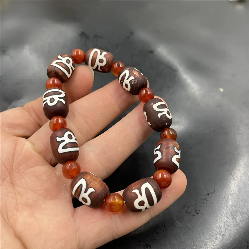 Tibetan Retro God of Wealth Dzi Shaped Bead Old Agate Bracelet