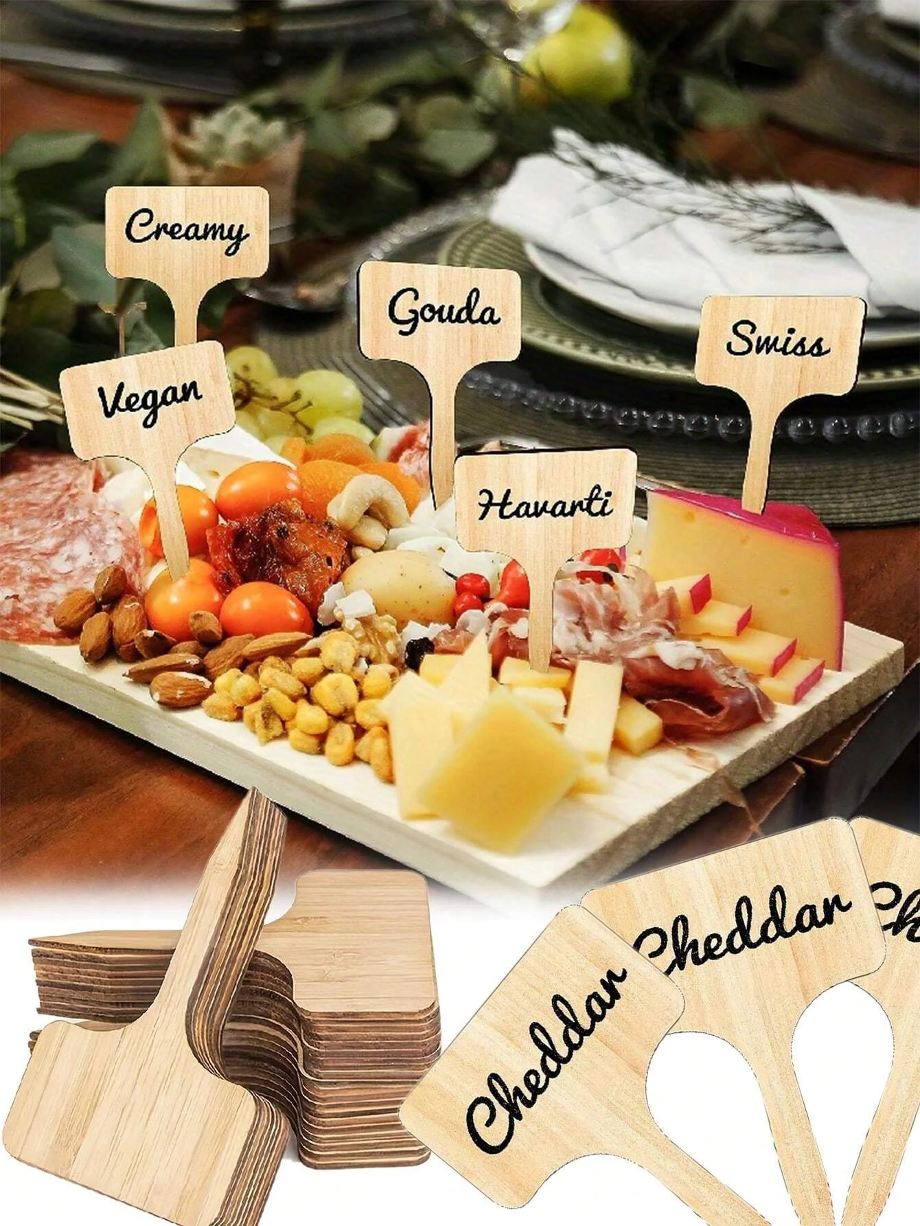 10pcs Reusable Wooden Fruit And Dessert Square Label Sticks, DIY Cheese Name Tag, Perfect For Parties, Weddings, Birthdays, And