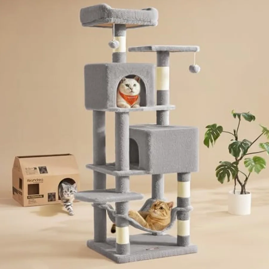 

Cat Tree Tall Cat Tower for indoor use plush fabric in gray with 5 sisal scratch posts 2 elevated perches 2 enclosed caves soft