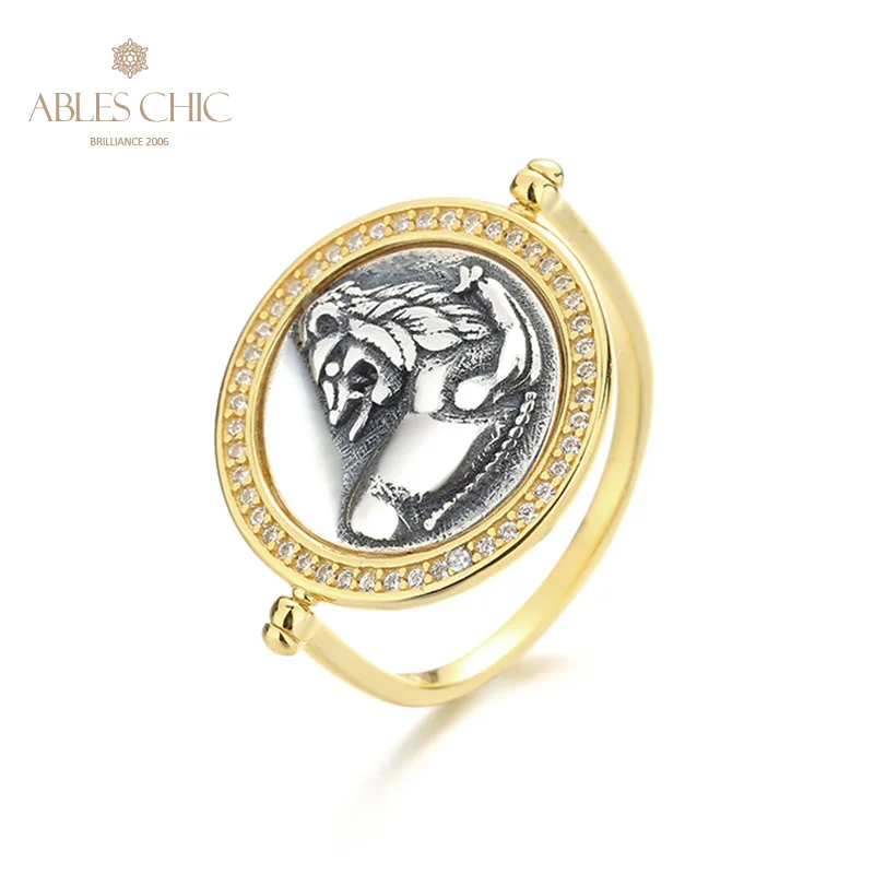 

Greek Looking Back Lion Flipping Silver Coin 18K Gold Tone Solid 925 Silver Rotating Roman Coins Vintage Ring R1059