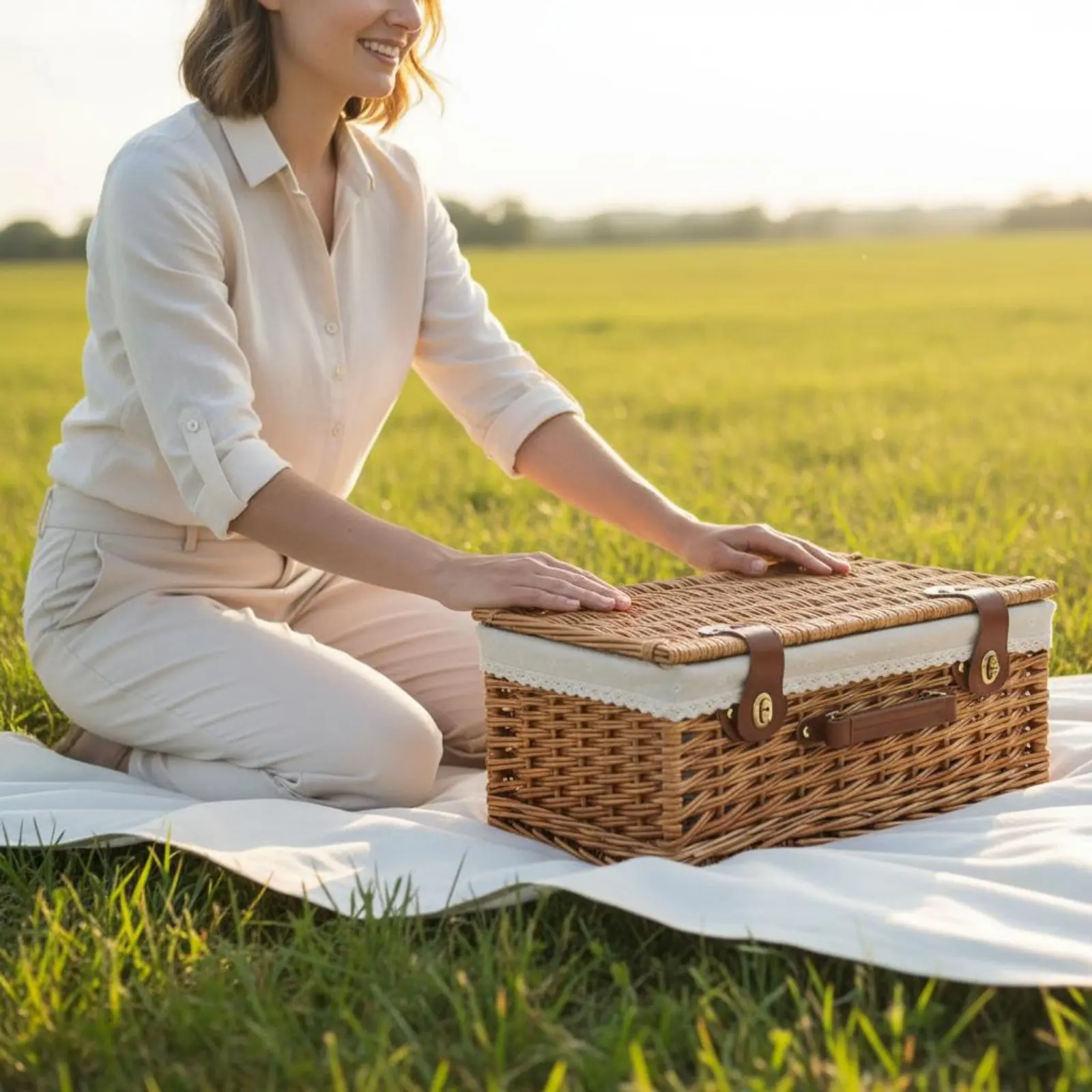 Vintage Picnic Basket Portable Lidded Carry Basket Wicker Storage Box Decorative Built-in Handles view 3