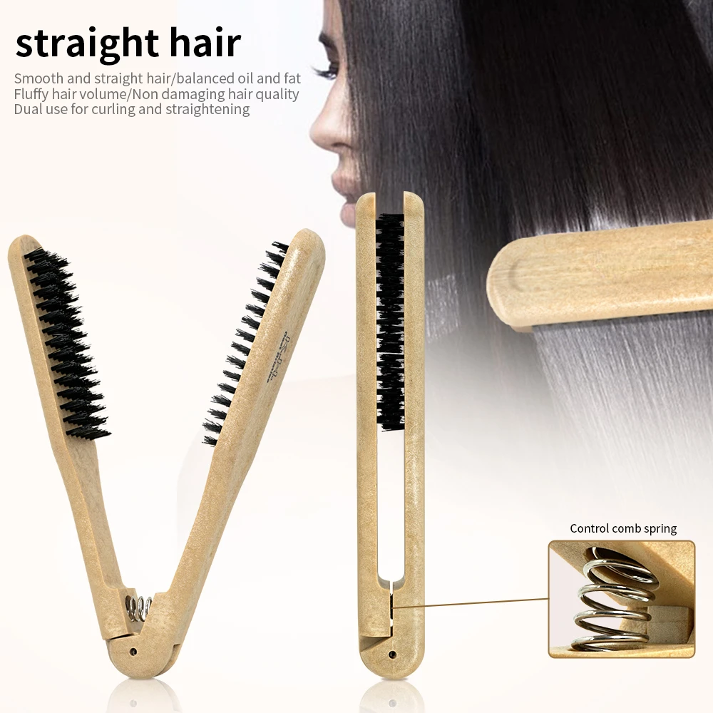 

Professional Barbershop Wooden Handle V Type Hair Straightener Comb Double Brushes Hairdressing Comb Anti-static Styling Tools