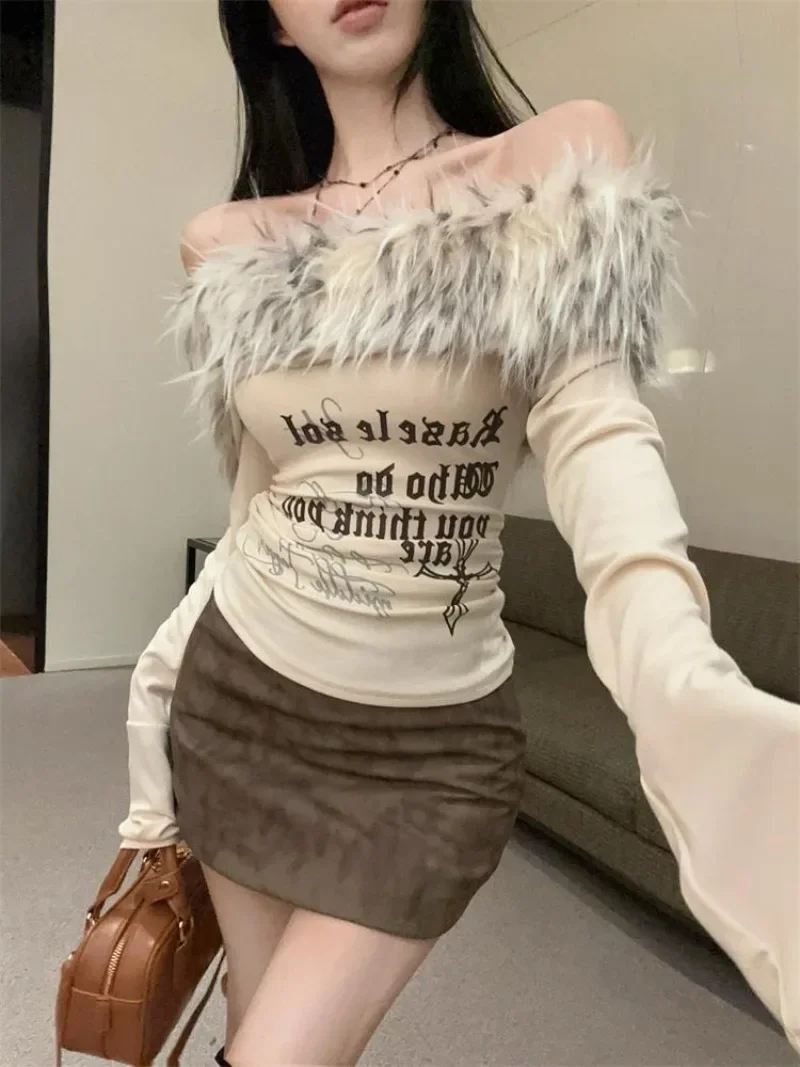 Furry T Shirt Women Korean Style Fake Fur Collar Off Shoulder Slash Neck Tops Fashion Coquette Tee New 2000s Y2k Fashion Tshirt