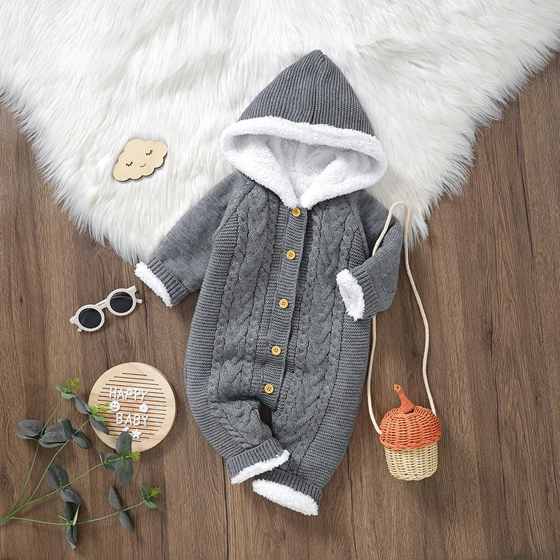 Baby Romper Fashion Hooded Newborn Boy Girl Jumpsuit Knitted Plus Fleece Infant Toddler Winter Clothing Long Sleeve Onesie 0-18M