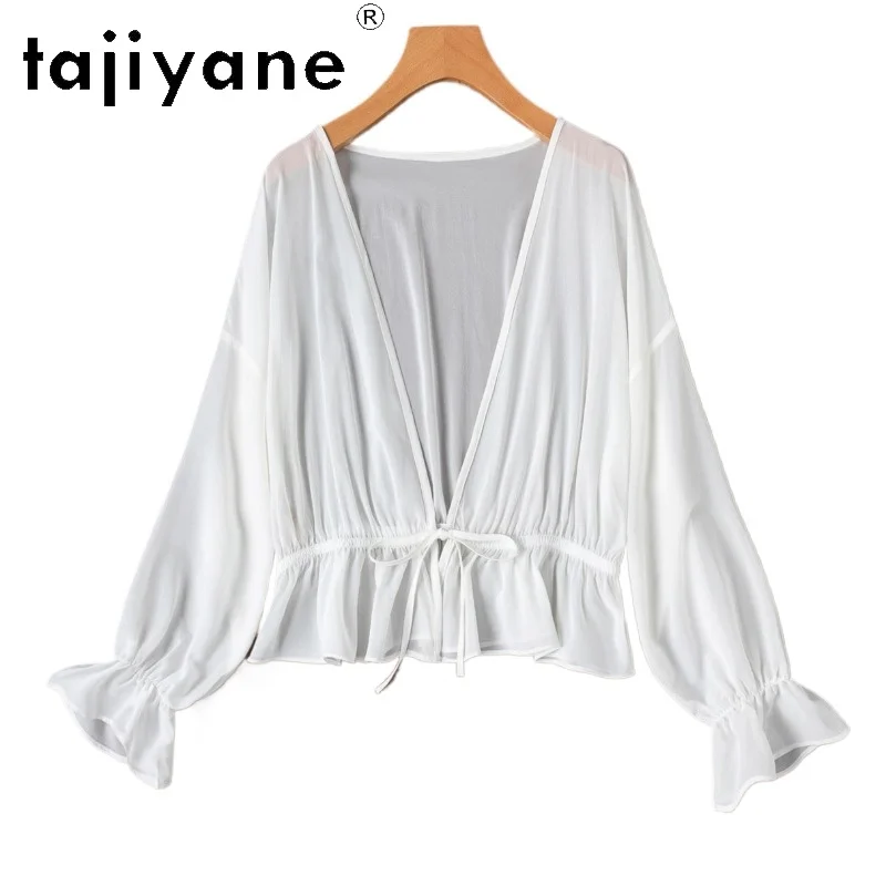 

TAJIYANE 93% Шелковый кардиган из тутового шелкопряда для женщин, полупрозрачная блузка с оборками по низу, завязками на талии и длинными рукавами, новинка весны 2026, женская одежда