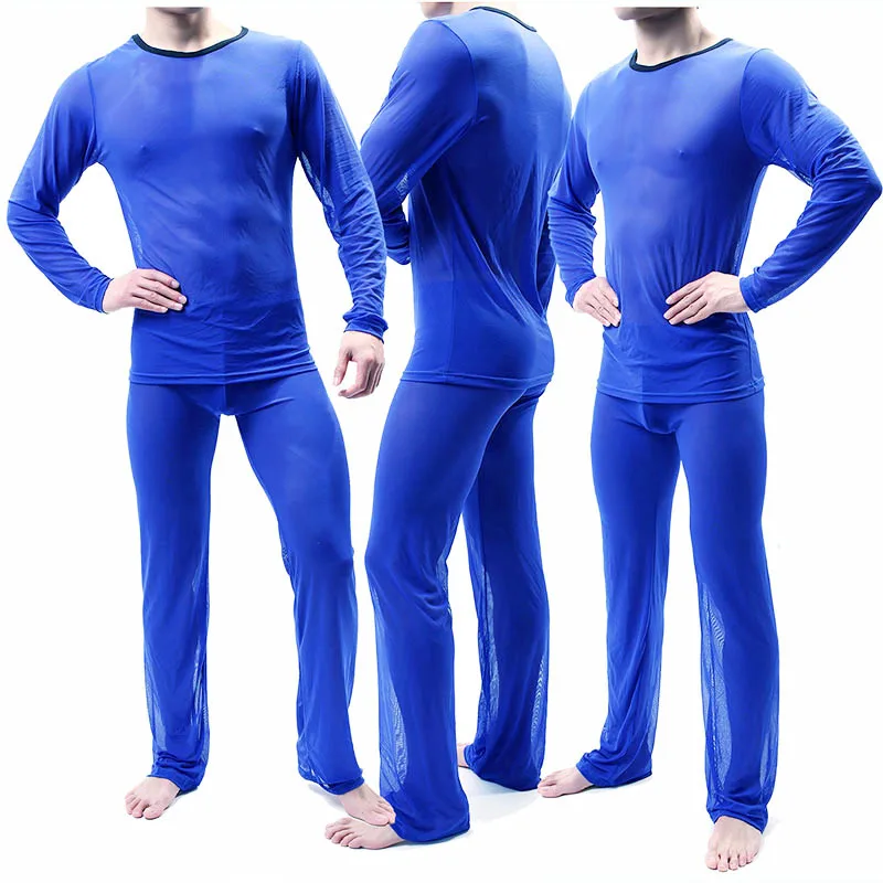 Terno de pijama sexy masculino, tops e calças em perspectiva, calças de manga comprida com alta elasticidade para boate, calças de gaze, roupas de