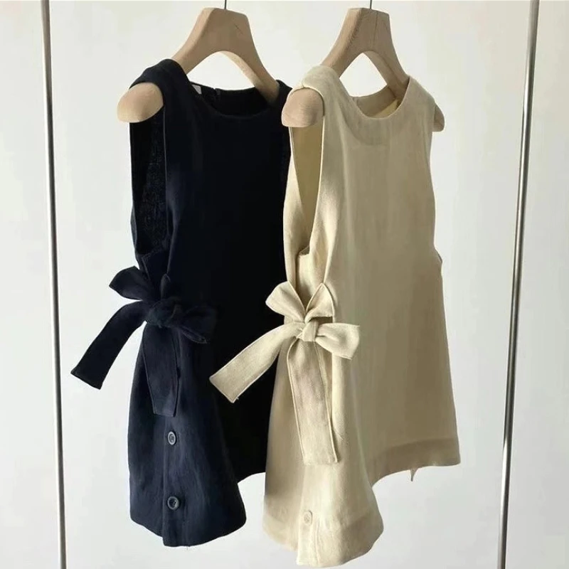 

Vests Top Women Sleeveless Round Neck Tees Casual Tops Vest Bow T-Shirts Y2k Streetwear Elegant Splice Party Club Summer