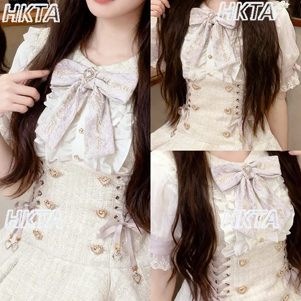 اليابانية الحلو الإنتاج الضخم فقاعة فستان قصير الأكمام المرأة 2025 الخريف جديد عالية الخصر سليم تويد فستان السراويل قطعتين مجموعة #5