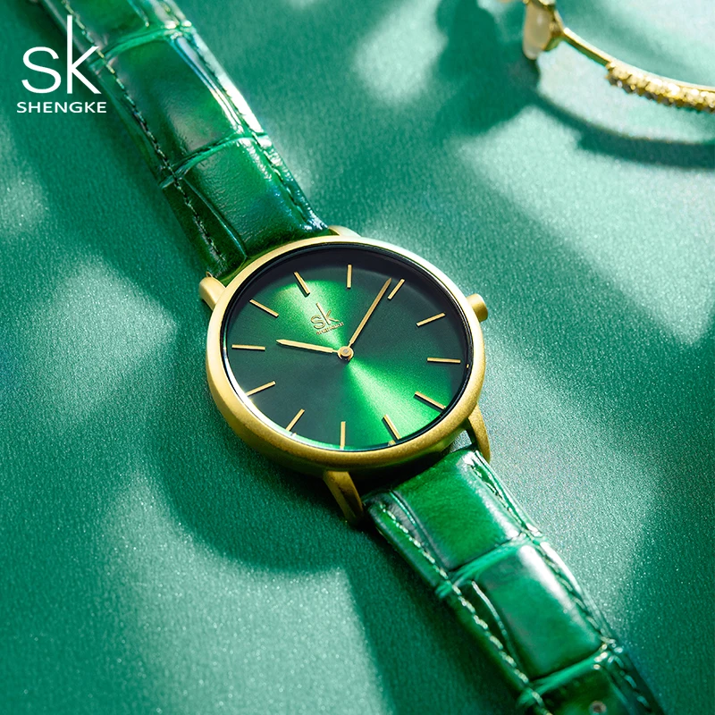 Shengke Fashion Leather Strap Women Watches Green Watch for Women Reloj Mujer Casual Ladies Quartz Wristwatches Relogio Feminino