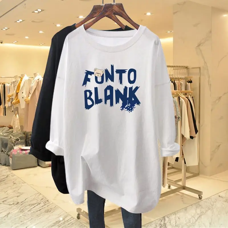 Women Clothing Chic Hand-Painted Letter Print T-shirt Spring Autumn Casual Loose Pure Cotton Basic Top O-neck Long Sleeve Tees