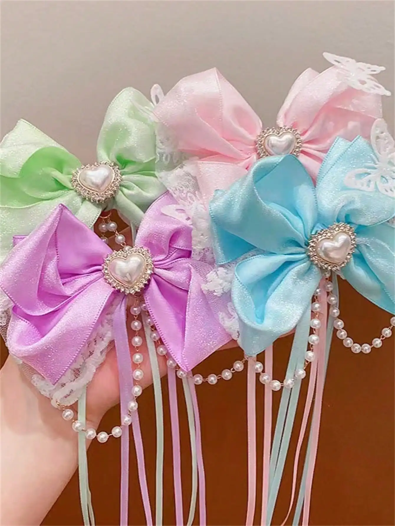 1 Women\'s spring new bow hair clip Love Jewel Sweet hair accessory Fringe streamer Back hair clip hair accessory