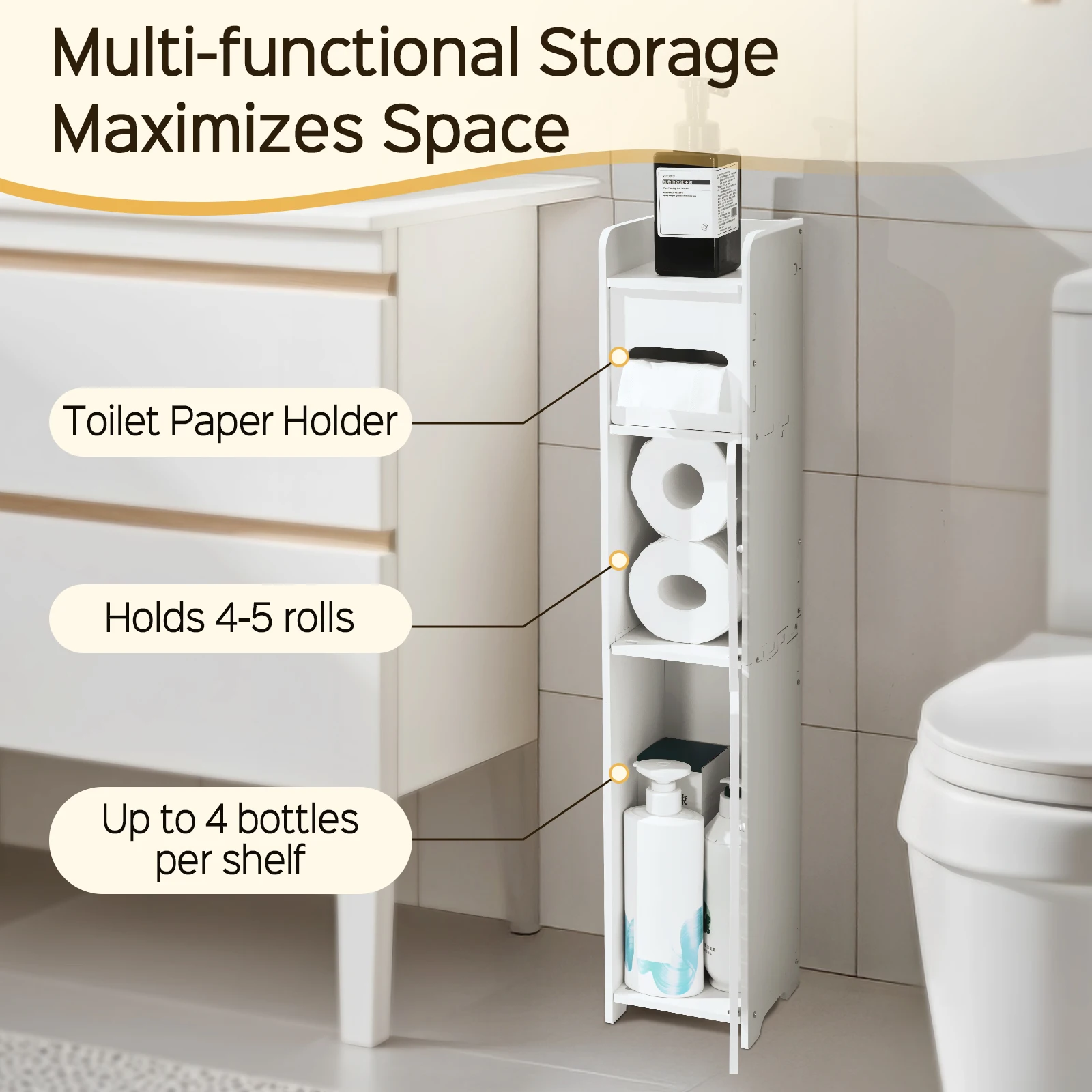 3 Tier Slim Bathroom Storage Cabinets in Different Sizes, Collapsible Storage Cabinets, Narrow Bathroom Storage Cabinets, Slim P image 2