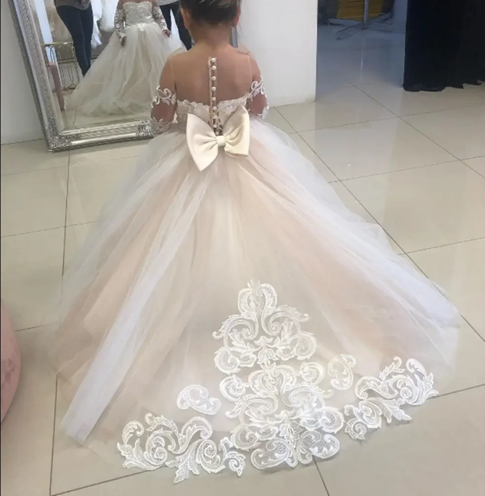 Vestidos florais de manga comprida para convidados de casamento, dama de honra infantil com laço branco marfim renda tule primeira comunhão