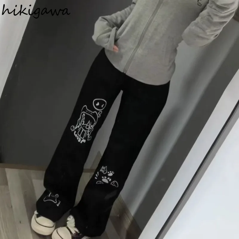 Japanese Cute Y2k Pants for Women High Waist Tunic Black Pantalon Femme Anime Print Casual Fashion Trousers 2024 New Bottoms