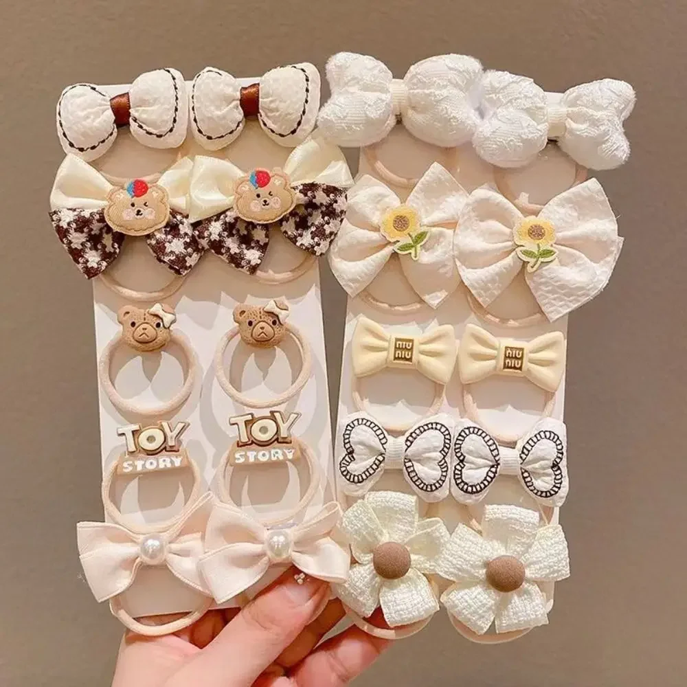 10pcs/set Children's Hair Loop Coffee Colored Bow Tie Rubber Band Cute Sweet Cartoon Pattern Hair Accessory for Girls Kids