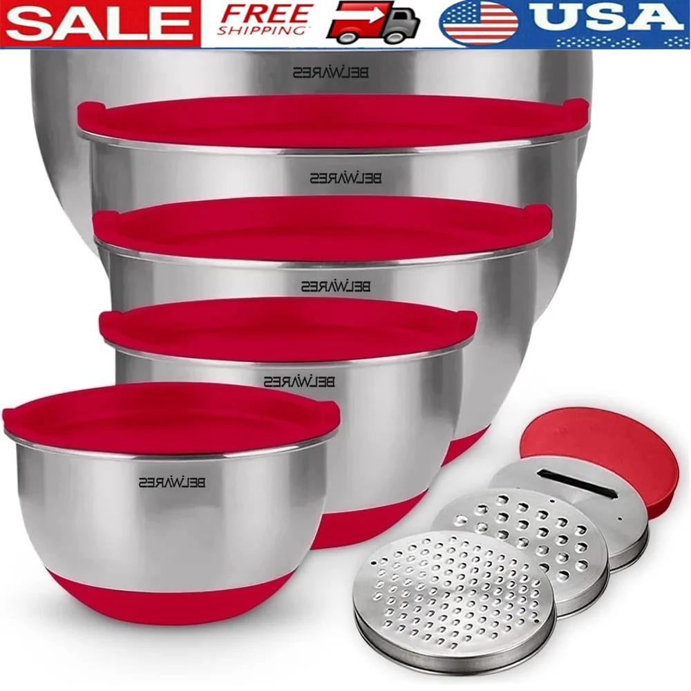 

5-Piece Stainless Steel Mixing Bowls Set with Airtight Lids Graters Non-Slip Base Dishwasher Safe Nesting Kitchen Essentials