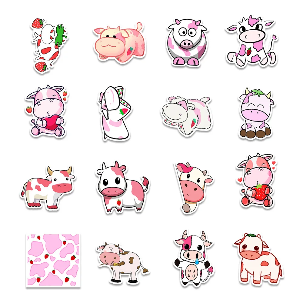 10/30/50Pcs Cute Strawberry Cow Graffiti Stickers For Luggage Laptop Car Motor Water Bottle Decorative Decal Aesthetic Toy Gift