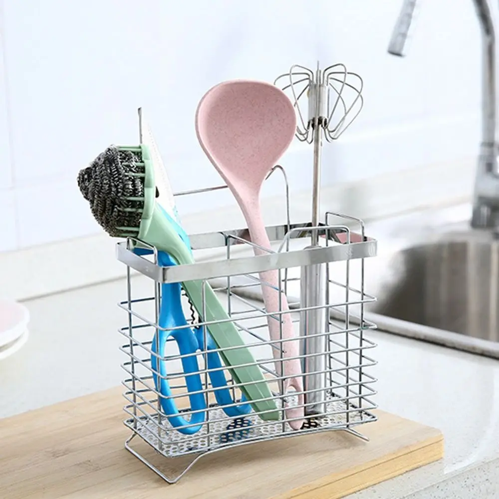 Metal Stainless Steel Chopsticks Cage Internal Compartment No Drilling Tableware Tube Draining Rectangular Cutlery Holder