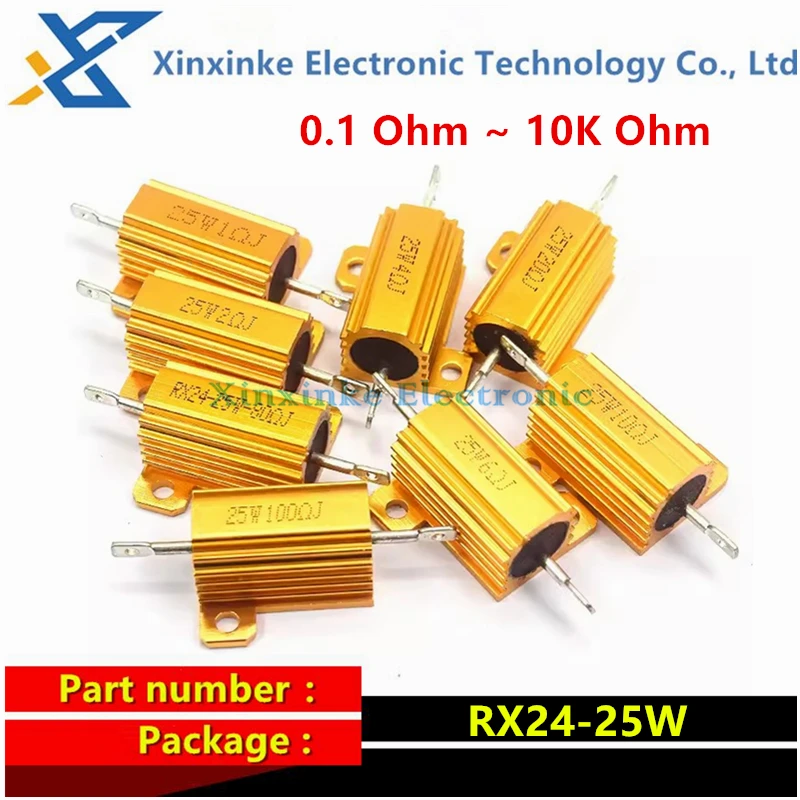 5PCS RX24 25W Aluminum Power Metal Shell Case Wirewound Resistor 0.1R 0.25 0.5 1 5 8 10 12 20 50 100 ohm 1K 2K ohm Resistance