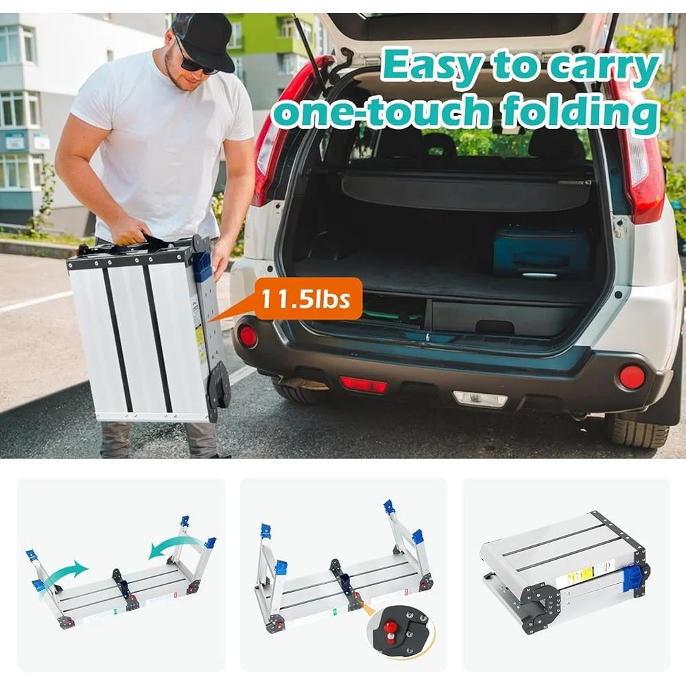 Adjustable Height Work Platform 43 inch Aluminum Step Stool One Touch Automatic Folding Portable Compact Ladder 330 lbs Capacity