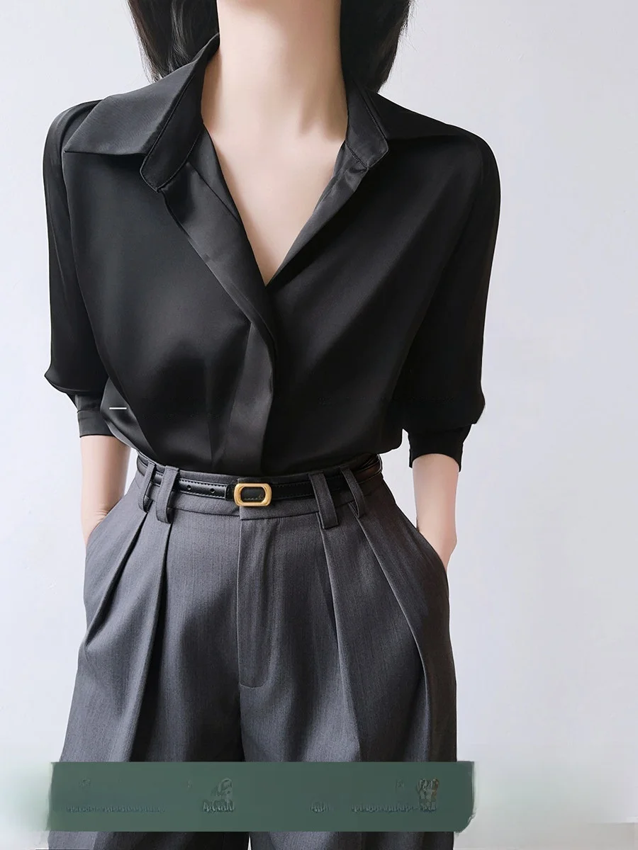 

XALI Black Satin Loose Women's Shirt V-Neck Commute Friendly Elegant Casual High-End Feeling Suitable for Office Wear