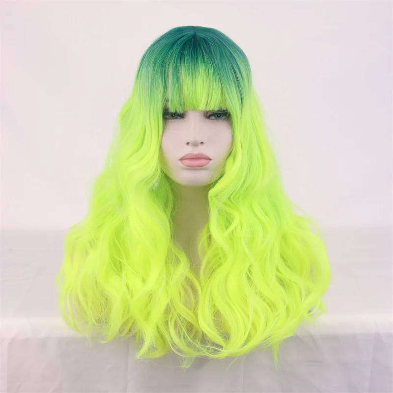 

Европейский и американский комплект париков с градиентом для женщин с челкой, вьющимися волосами, большими волнами, синтетическим высокотемпературным волокном