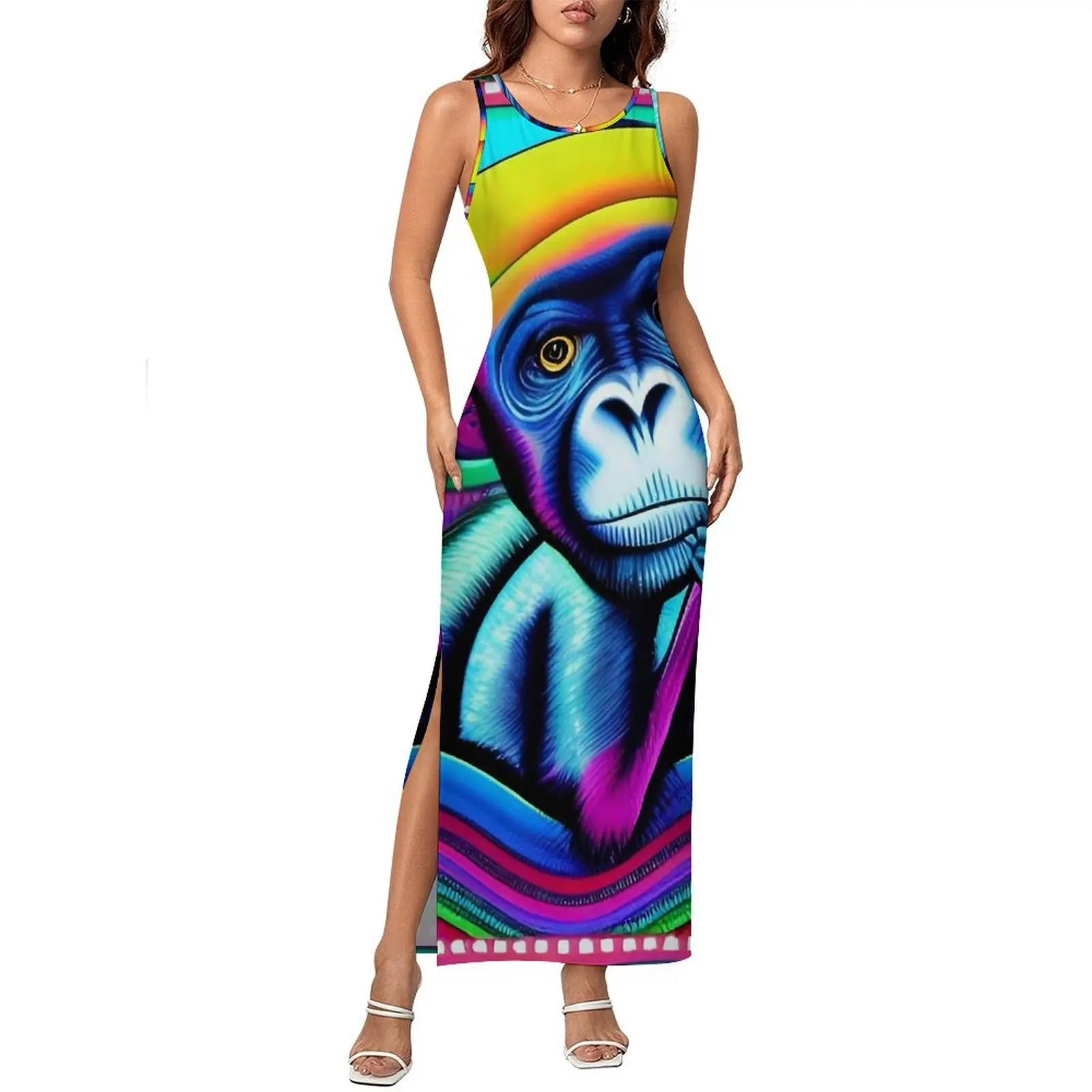 Zabawna sukienka z małpą, bez rękawów, uroczy nadruk zwierzęcy, elegancka sukienka maxi, wiosenny styl uliczny, graficzna sukienka bodycon, rozmiary 2XL 3XL 4XL