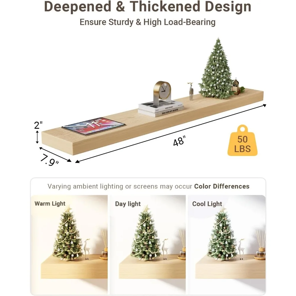 أرفف عائمة من خشب البلوط الأبيض للجدار، 2 رفوف عائمة من الخشب السميك المثبت على الحائط، 48 رفًا عائمًا طويلًا للمطبخ